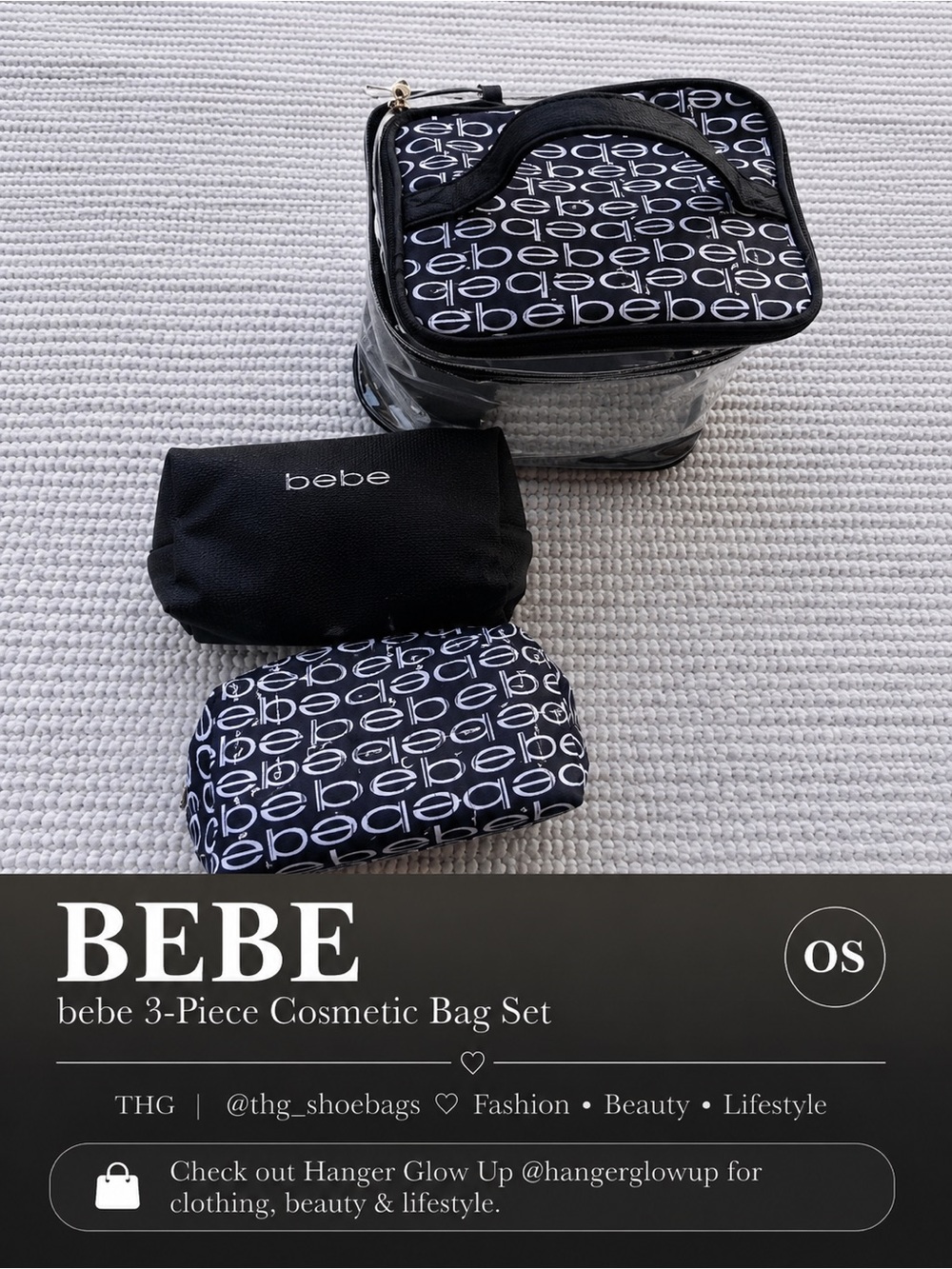 bebe 3-Piece Cosmetic Bag Set Clear PVC Travel Case & Logo Pouches Black OS
